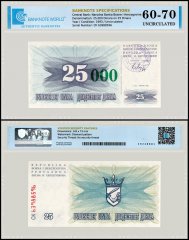 Bosnia & Herzegovina 25,000 Dinara on 25 Dinara Banknote, 1993, P-54a, UNC, Stamp Travnik, TAP 60-70 Authenticated