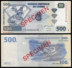 Democratic Republic of Congo 500 Francs Banknote, 2002, P-96s, UNC, Specimen