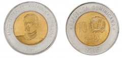 Dominican Republic 10 Pesos Dominicanos Coin, 2021, KM #126, Mint, Matias Ramon Mella, Coat of Arms