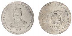 Dominican Republic 25 Pesos Dominicanos Coin, 2021, KM #127, Mint, Gregorio Luperon, Coat of Arms