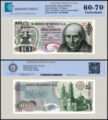 Mexico 10 Pesos Banknote, 1975, P-63h.5, UNC, Series 1EE, TAP 60-70 Authenticated