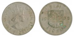 Fiji 1 Florin Coin, 1958, KM #24, F-Fine, Queen Elizabeth II, Coat of Arms