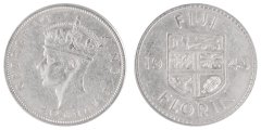 Fiji 1 Florin Silver Coin, 1943, KM #13a, Mint, King George VI, Coat of Arms