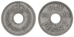 Fiji 1 Penny Coin, 1936, KM #6, F-Fine
