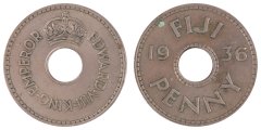 Fiji 1 Penny Coin, 1936, KM #6, VF-Very Fine