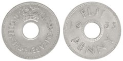 Fiji 1 Penny Coin, 1963, KM #21, Mint, Queen Elizabeth II