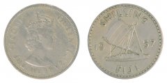 Fiji 1 Shilling Coin, 1957, KM #23, XF-Extremely Fine, Queen Elizabeth II, Boat
