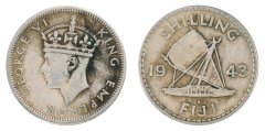 Fiji 1 Shilling Silver Coin, 1943, KM #12a, VF-Very Fine, King George V, Boat