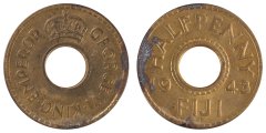 Fiji 1/2 Penny Coin, 1943, KM #14a, VF-Very Fine