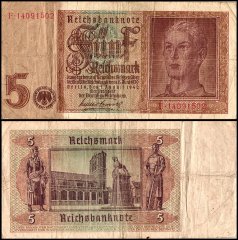 Germany 5 Reichsmark Banknote, 1942, P-186, Used
