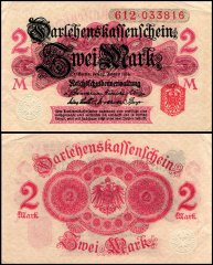Germany 2 Mark Banknote, 1914, P-53, Used