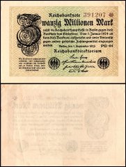 Germany 20 Millionen - Million Mark Banknote, 1923, P-108e, Used