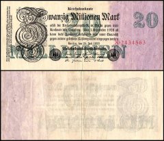 Sammler-Banknote Deutsches Reich 20 Millionen Mark 1923 – Rosenbg. 107f, Gebraucht, Mit Wasserzeichen Wellen