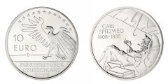 Germany Federal Republic 10 Euro Silver Coin, 2008, KM #273, Mint, Commemorative, 200th Anniversary of Birth of Poet Carl Spitzweg