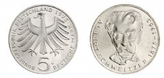 Germany Federal Republic 5 Deutsche Mark Coin, 1975, KM #143, XF-Extremely Fine, Commemorative, 100th Anniversary of the Birth of Albert Schweitzer