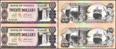 Guyana 20 Dollars Banknote, 1996-2018 ND, P-30g, UNC, 2 Pieces Uncut Sheet
