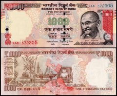 India 1,000 Rupees Banknote, 2016, P-107t, Used, Plate Letter R