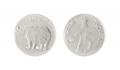 India 25 Paise Coin, 2000, KM #54, Mint, Asoka Capitol, Indian Rhinoceros