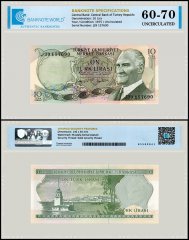Turkey 10 Lira Banknote, L.1970 (1975 ND), P-186, UNC, Prefix J, TAP 60-70 Authenticated