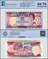 Fiji 10 Dollars Banknote, 1992 ND, P-94a, UNC, TAP 60-70 Authenticated