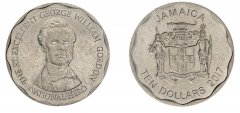 Jamaica 10 Dollars Coin, 2017, KM #190, XF-Extremely Fine, George William Gordon, Coat of Arms
