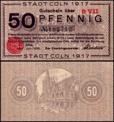 Koeln - Cologne 50 Pfennig Notgeld, 1918, Grabowski #K30.4e, UNC, Series B VII