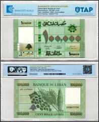 Lebanon 100,000 Livres Banknote, 2020, P-95d, UNC, TAP Authenticated