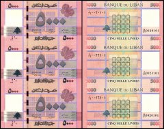 Lebanon 5,000 Livres Banknote, 2012, P-91a, UNC, 3 Pieces Uncut Sheet