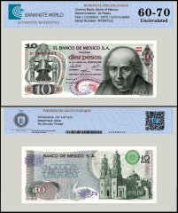 Mexico 10 Pesos Banknote, 1975, P-63h.2, UNC, Series 1DM, TAP 60-70 Authenticated