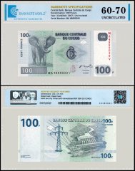 Congo Democratic Republic 100 Francs Banknote, 2007, P-98a, UNC, TAP 60-70 Authenticated