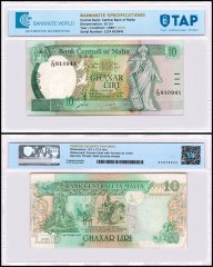 Malta 10 Liri Banknote, L.1967 (1989), P-43, Used, TAP Authenticated