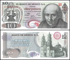 Mexico 10 Pesos Banknote, 1974, P-63g, UNC, Series 1DC