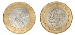 Mexico 20 Pesos Coin, 2019, KM #992, Mint, Commemorative, Emiliano Zapata, Coat of Arms