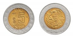 Mexico 5 Pesos Coin, 2012, KM #605, Mint, National Emblem