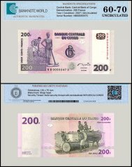 Congo Democratic Republic 200 Francs Banknote, 2007, P-99.a, UNC, TAP 60-70 Authenticated