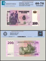 Congo Democratic Republic 200 Francs Banknote, 2007, P-99a, UNC, TAP 60-70 Authenticated