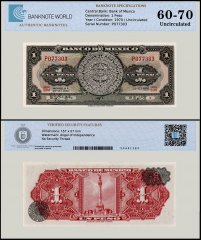 Mexico 1 Peso Banknote, 1970, P-59l, UNC, Series BIM, TAP 60-70 Authenticated