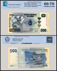 Congo Democratic Republic 500 Francs Banknote, 2013, P-96, UNC, TAP 60-70 Authenticated