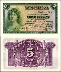 Spain 5 Pesetas Banknote, 1935, P-85a.2, UNC
