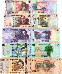 Sierra Leone 1-20 Leones 5 Pieces Banknote Set, 2022, P-34-38, UNC