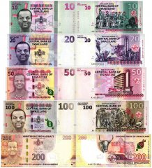 Swaziland 10-200 Emalangeni 5 Pieces Banknote Set, 2010-2018, P-37-44, UNC