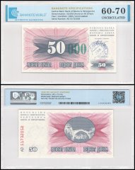 Bosnia & Herzegovina 50,000 Dinara on 50 Dinara Banknote, 1993, P-55c, UNC, Stamp Travnik, TAP 60-70 Authenticated