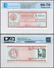 Bolivia 10 Centavos de Boliviano on 100,000 Pesos Bolivianos Banknote, D.05.06.1984 (1987 ND), P-197, UNC, TAP 60-70 Authenticated