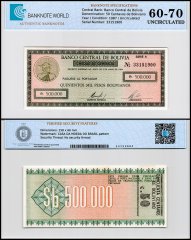 Bolivia 50 Centavos de Boliviano on 500,000 Pesos Bolivianos Banknote, D.05.06.1984 (1987 ND), P-198, UNC, TAP 60-70 Authenticated