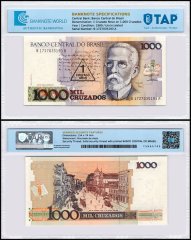 Brazil 1 Cruzado Novo on 1,000 Cruzados Banknote, 1989 ND, P-216c, UNC, Overprint, TAP Authenticated