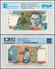 Brazil 5 Cruzados Novos on 5,000 Cruzados Banknote, 1989 ND, P-217, Used, Overprint, TAP Authenticated