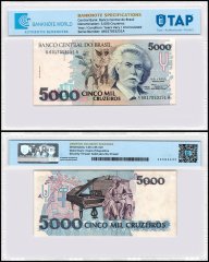 Brazil 5,000 Cruzeiros Banknote, 1990-1993 ND, P-232c, UNC, Stains, TAP Authenticated