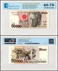 Brazil 50,000 Cruzeiros Banknote, 1991-1993 ND, P-234, UNC, TAP 60-70 Authenticated