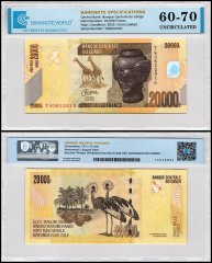 Congo Democratic Republic 20,000 Francs Banknote, 2022, P-104d, UNC, TAP 60-70 Authenticated