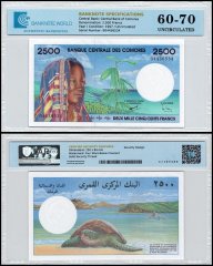 Comoros 2,500 Francs Banknote, 1997, P-13, UNC, TAP Authenticated